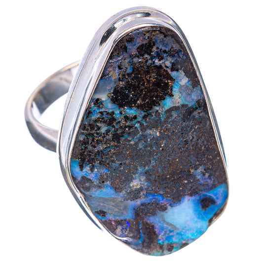 Sterling silver boulder opal ring with oval teardrop blue stone, size 9