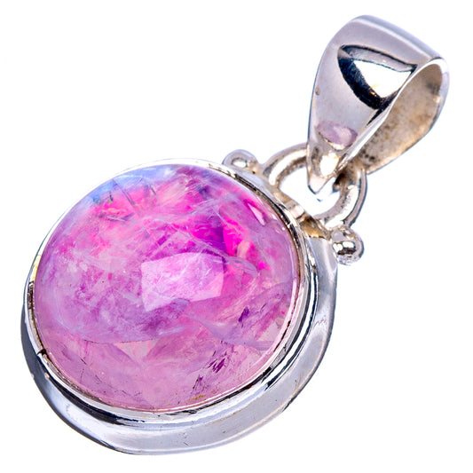 Round pink moonstone pendant, .925 sterling silver with open bail and polished rim