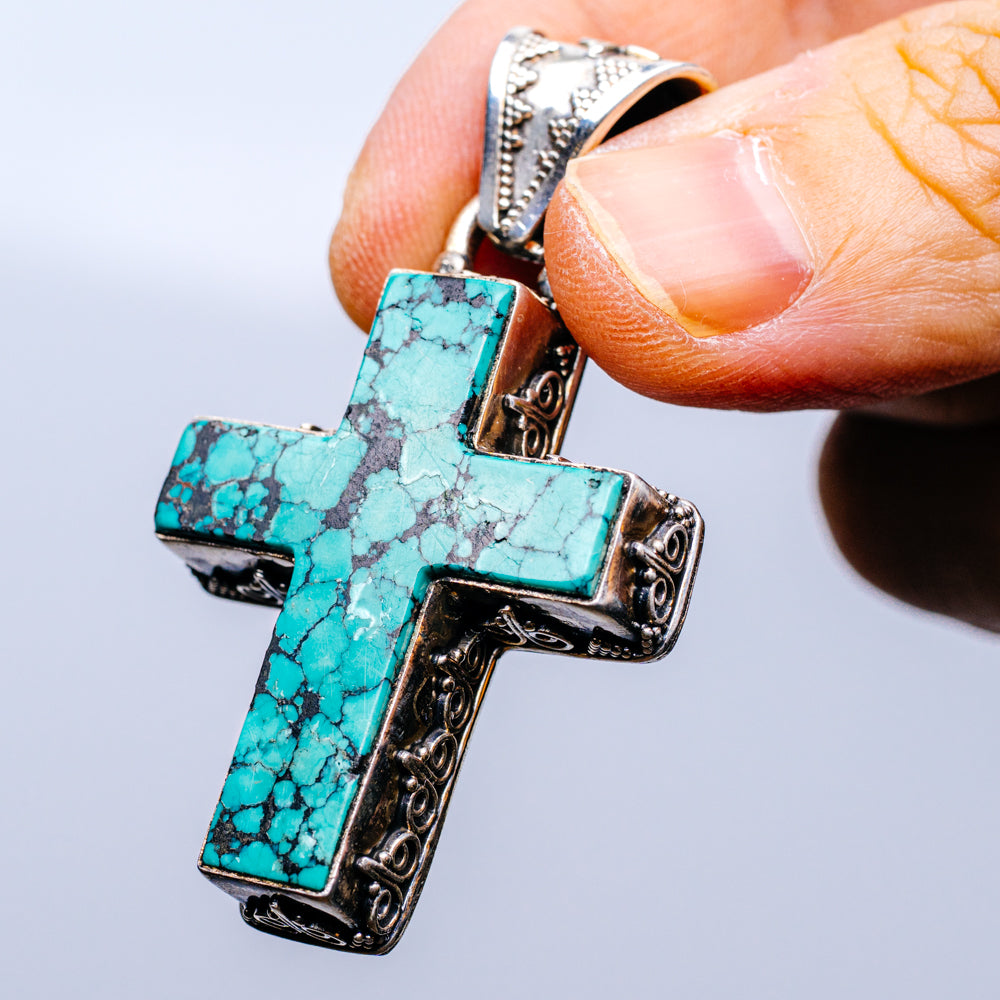 Tibetan Made Vintage Turquoise Cross Pendant 2 1/4" (.925 Sterling Silver)