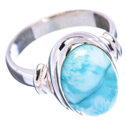 Oval Larimar ring with .925 sterling silver band, bright blue veined cabochon