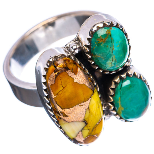 Side view of triple-stone turquoise and yellow bezel ring in sterling silver