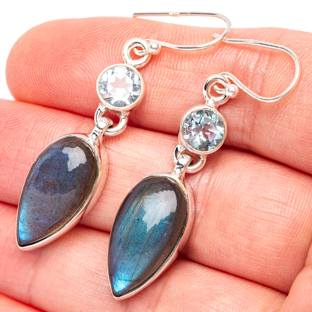 925 sterling silver drop earrings with blue labradorite teardrops and round clear stones