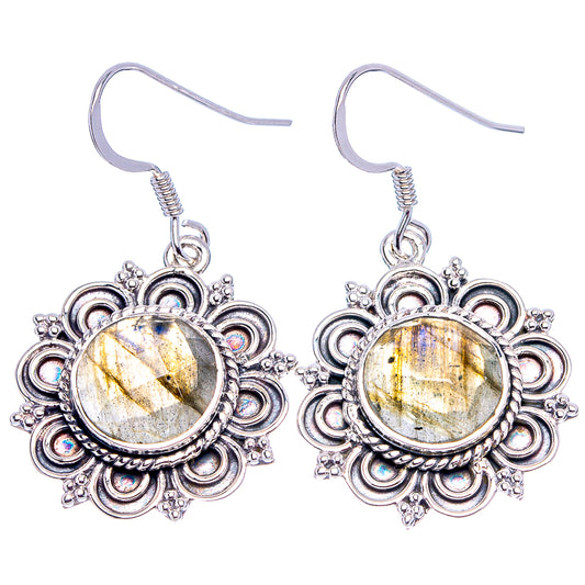 Sterling silver labradorite drop earrings with golden oval cabochons in ornate bezel