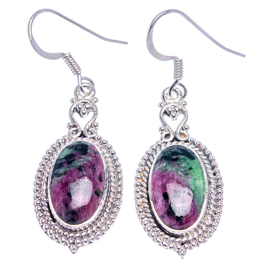 Sterling silver oval drop earrings, ornate setting with purple-green gemstone and hooks