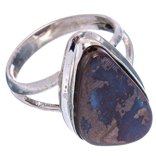 Sterling silver boulder opal ring, oval stone with dark blue flashes and brown matrix