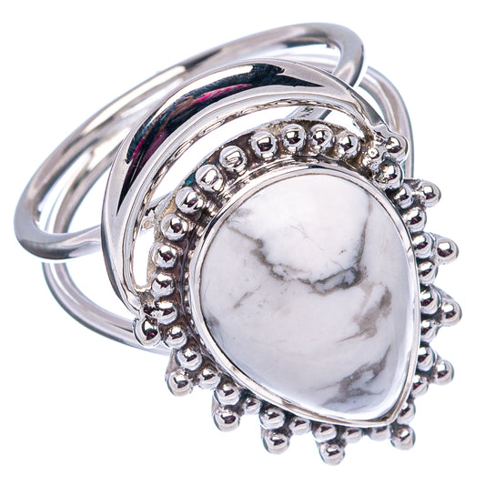 Howlite oval stone ring, .925 sterling silver with beaded border, side view, size 6.75