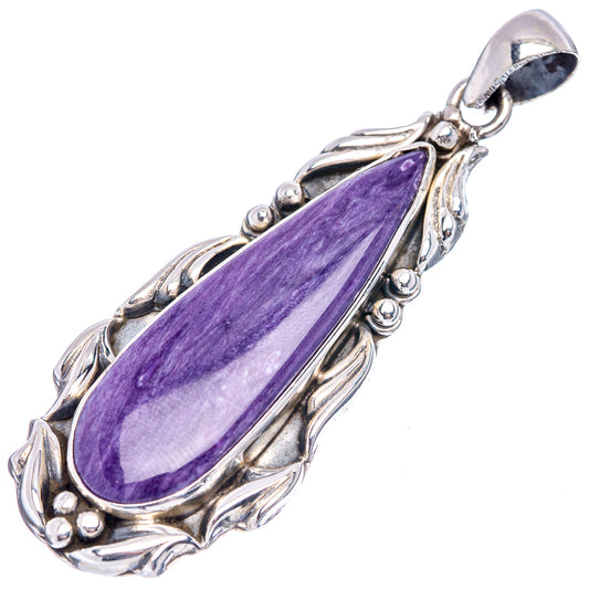 Charoite teardrop pendant with purple stone set in .925 sterling silver; loop bail at top