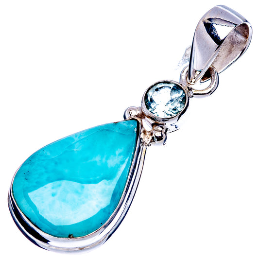 Sterling silver pear pendant with larimar drop and round blue topaz bezel-set
