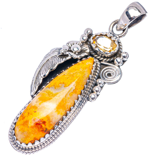 Sterling silver jasper pendant with amber round top, leaf filigree, and yellow teardrop cabochon