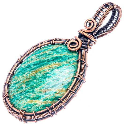 Amazonite wire-wrap pendant, oval teal stone in oxidized copper coiled frame