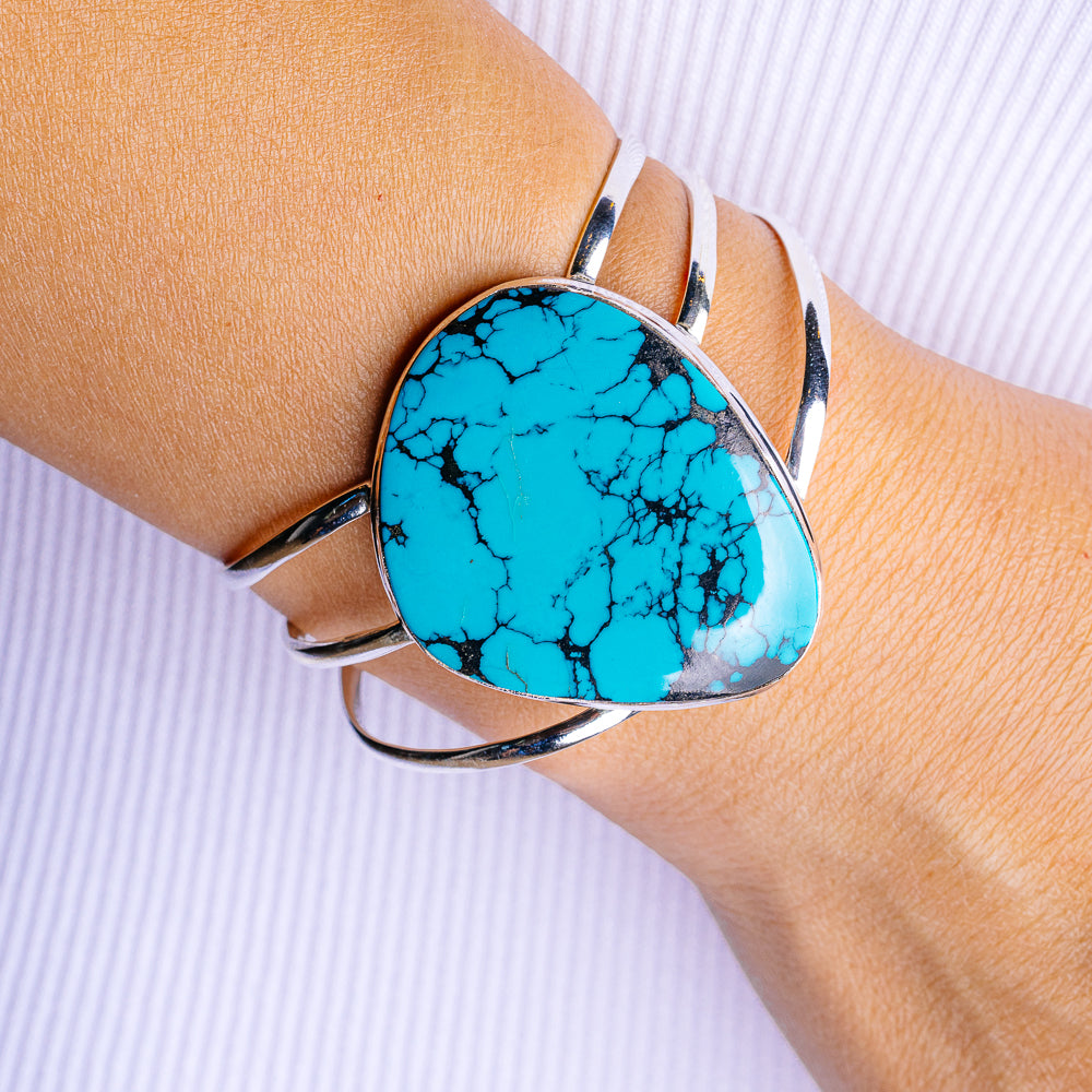 Rare Tibetan Turquoise Cuff Bracelet Adjustable (.925 Sterling Silver)