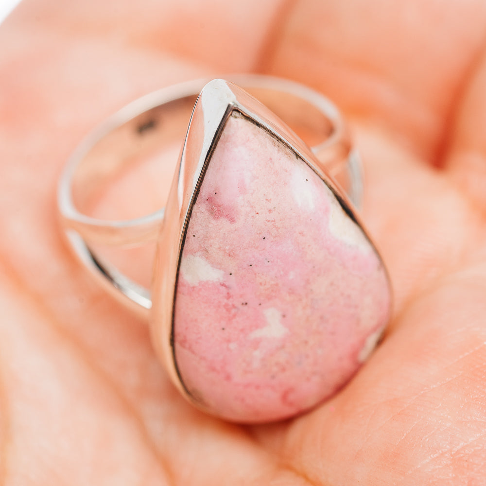 Rhodonite pear-shaped pink gemstone ring in .925 sterling silver band