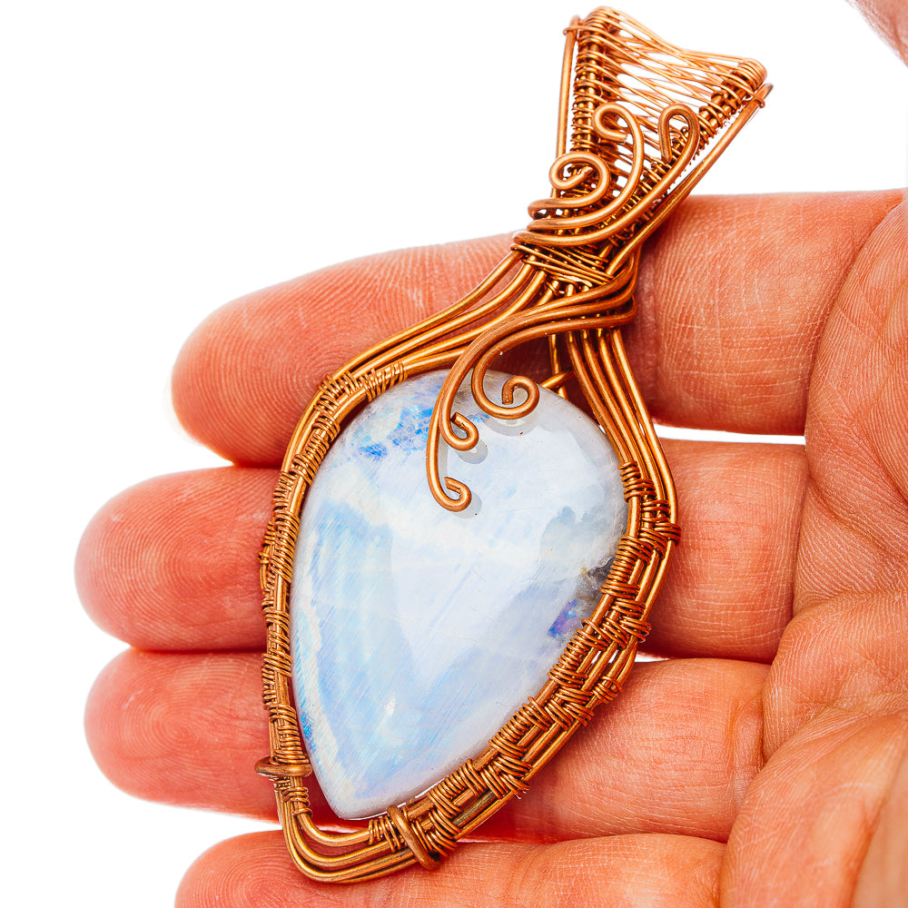 Rainbow Moonstone Wire Wrap Pendant 3" (Copper)