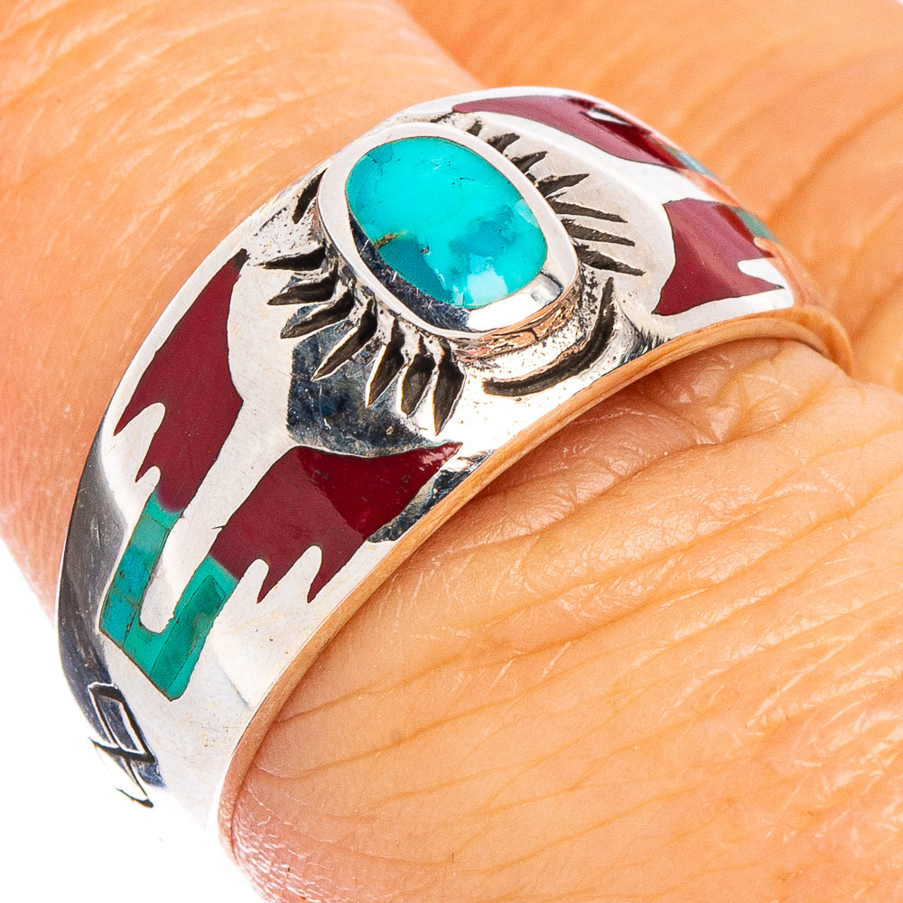 Turquoise oval sterling silver ring with engraved native-style leaf details, size 7.5
