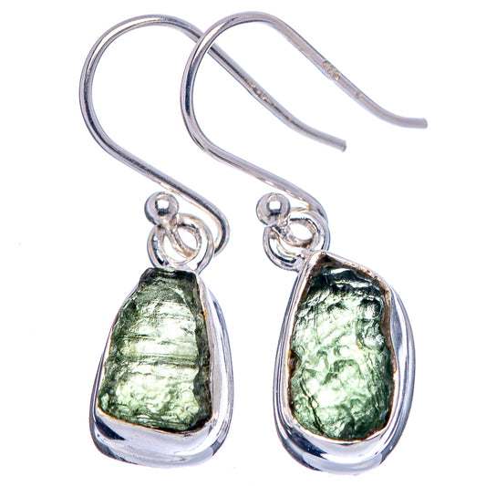 Moldavite teardrop earrings, green textured stones in .925 sterling silver hooks