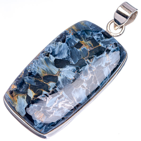 Rectangular pietersite pendant in .925 sterling silver with blue stone and bail loop