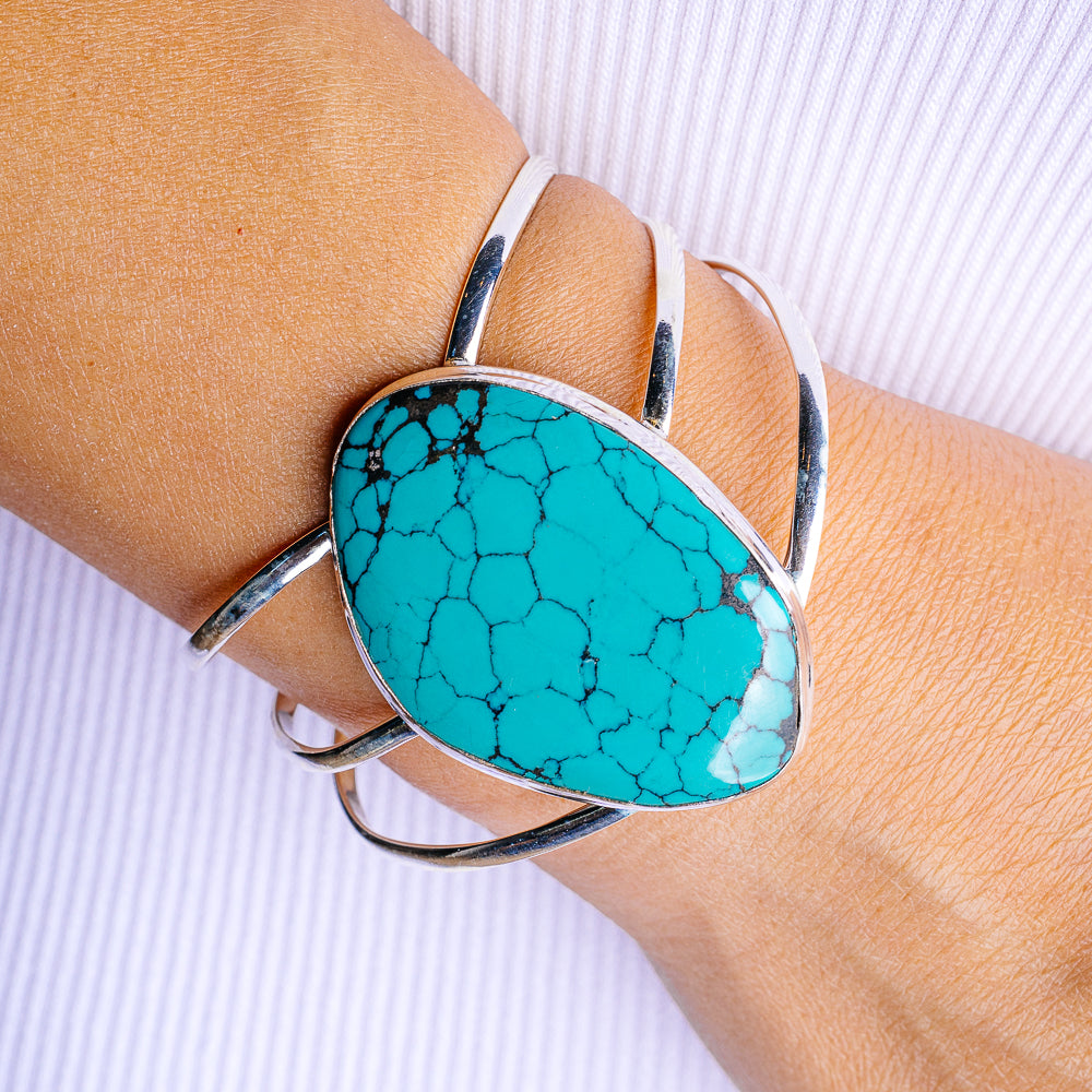 Rare Tibetan Turquoise Cuff Bracelet Adjustable (.925 Sterling Silver)