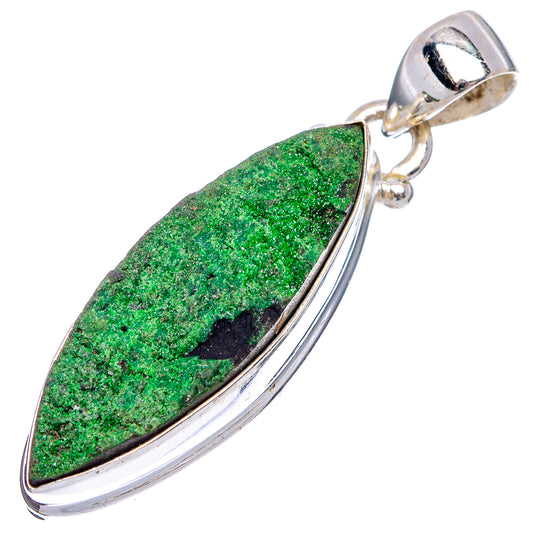 Green teardrop druzy stone pendant with .925 sterling silver bail and bezel.