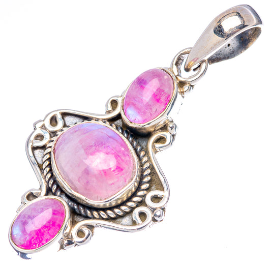Pink moonstone pendant, .925 sterling silver oval stones with intricate rope edge settings