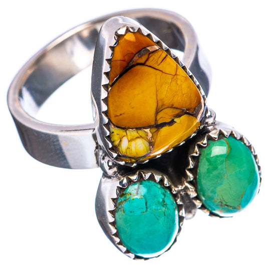 Sterling silver ring with marquise honey-yellow stone and green turquoise cabochons