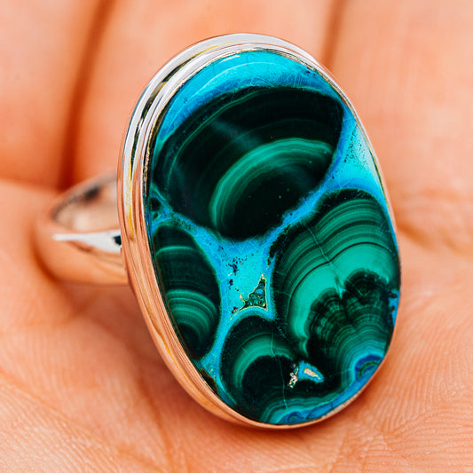 Oval malachite-and-chrysocolla ring with bezel setting, .925 sterling silver, size 9