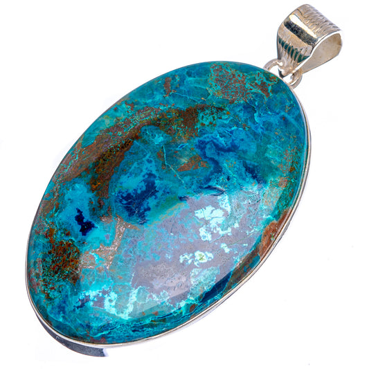 Large oval shattuckite pendant with blue cabochon and brown matrix in sterling silver bezel