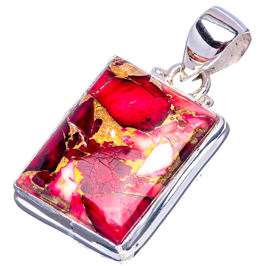 Rectangular red mosaic pendant with gold and white veining, sterling silver bail