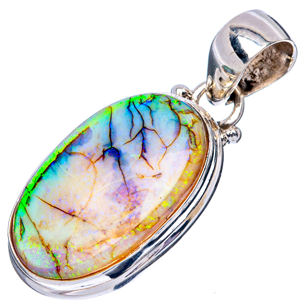 Oval opal cabochon pendant in 925 sterling silver with blue-green iridescence