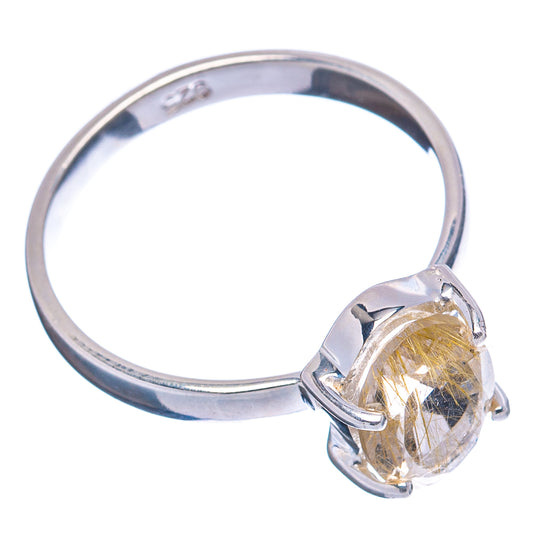 Sterling silver solitaire ring with round-oval rutilated quartz in bezel-prong setting