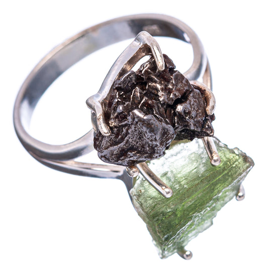 Sterling silver prong-set ring with green rough stone and dark textured stone, side view