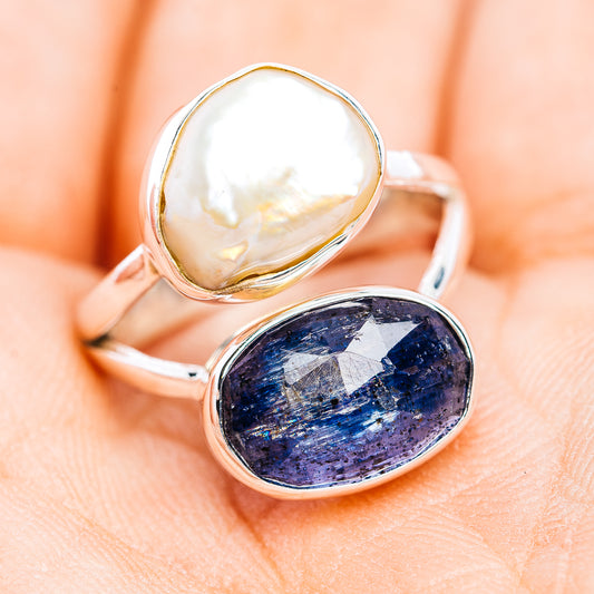 Two-stone oval ring with faceted kyanite and baroque pearl, .925 sterling silver