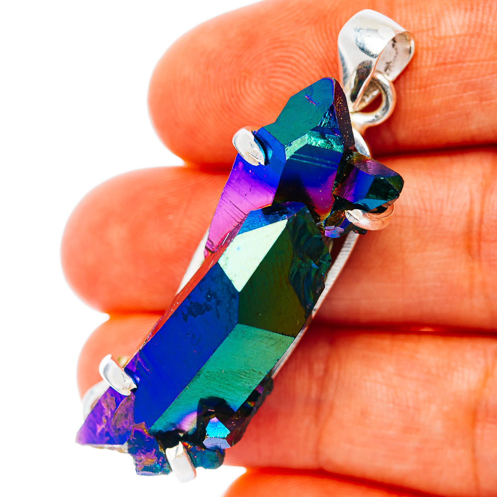 Sterling silver aura quartz pendant with iridescent rainbow crystal and loop bail