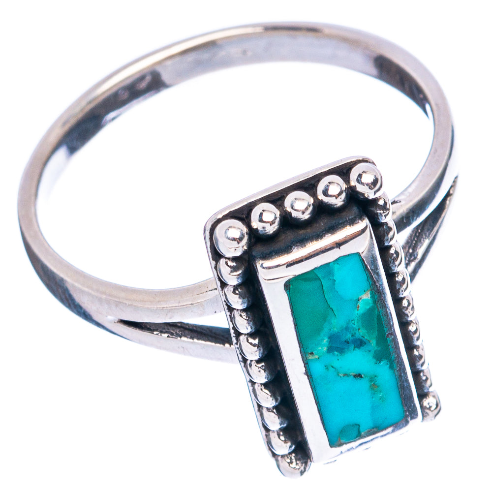 Sterling silver ring with rectangular turquoise stone, raised bezel and beadwork