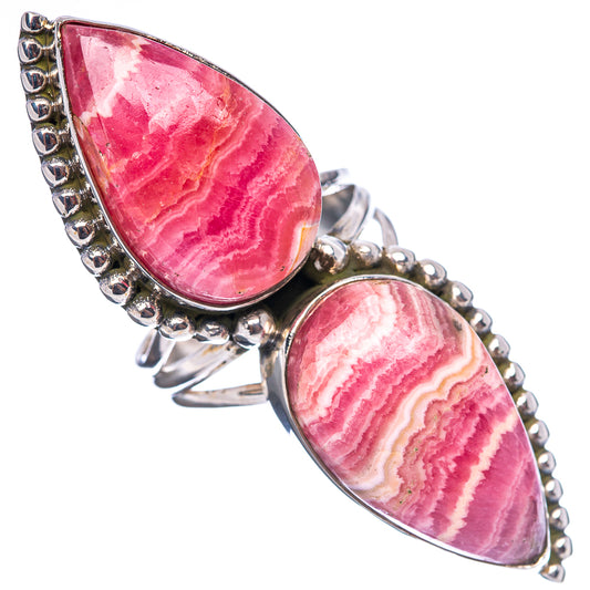 Rhodochrosite teardrop ring in .925 sterling silver, pink striped cabochons, size 6