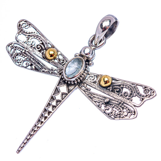Sterling silver dragonfly pendant with loop bail, oval aquamarine-toned stone, filigree