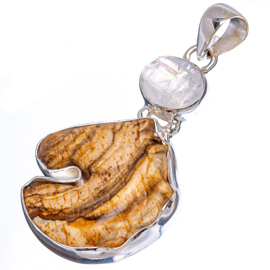 Sterling silver horse pendant with brown picture jasper and iridescent moonstone oval