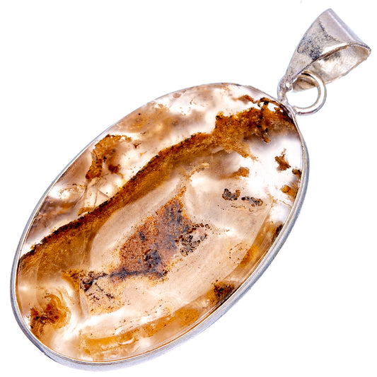 Silver-plated oval pendant with light and brown moss agate swirls and loop bail