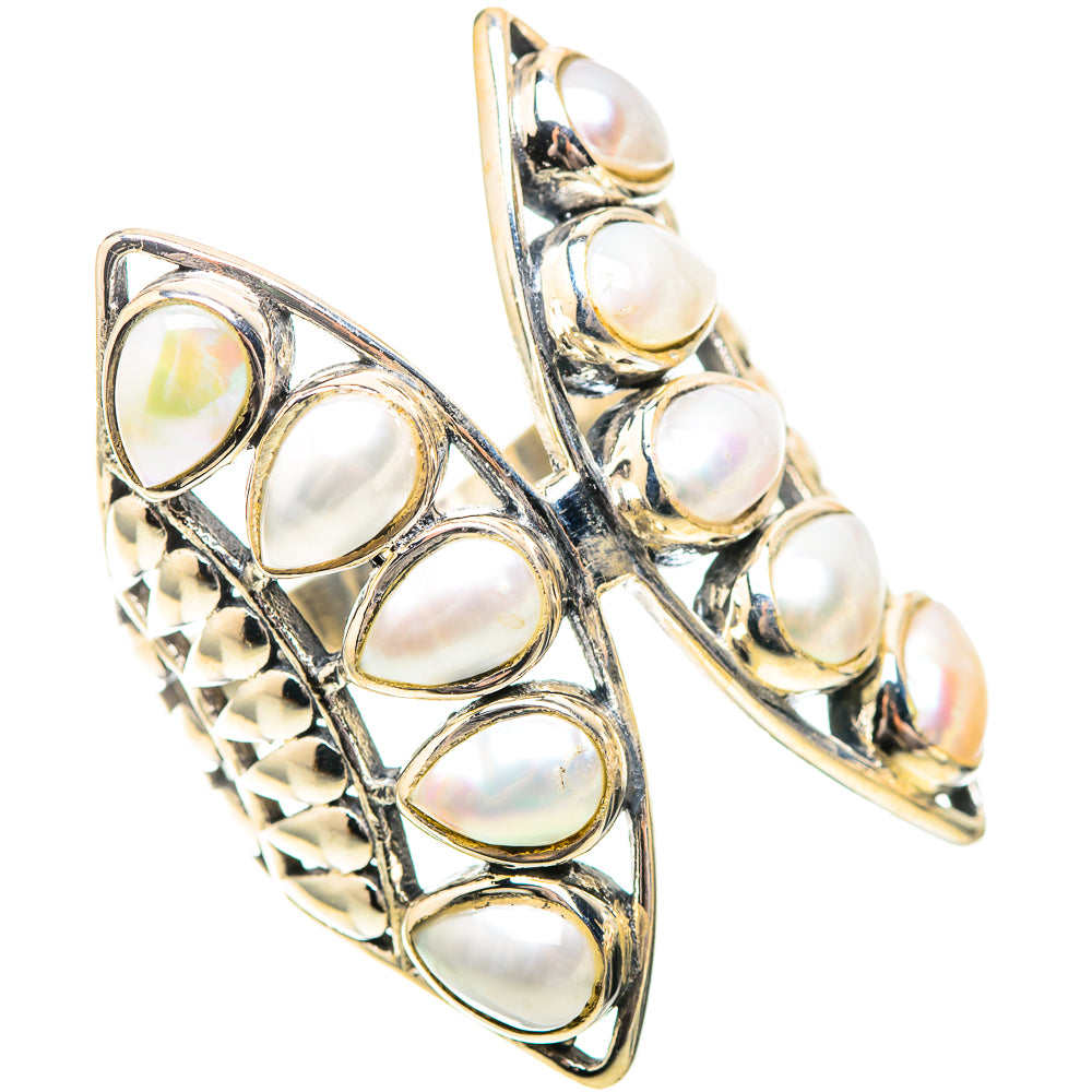Cultured pearl ring, polished 925 sterling silver, oval pearls in two bands with openwork
