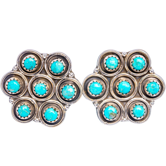 Turquoise cabochon cluster stud earrings with .925 sterling silver scalloped frames