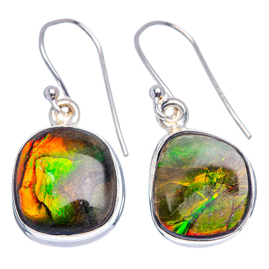 Sterling silver ammolite teardrop earrings with iridescent green-orange stone and hook
