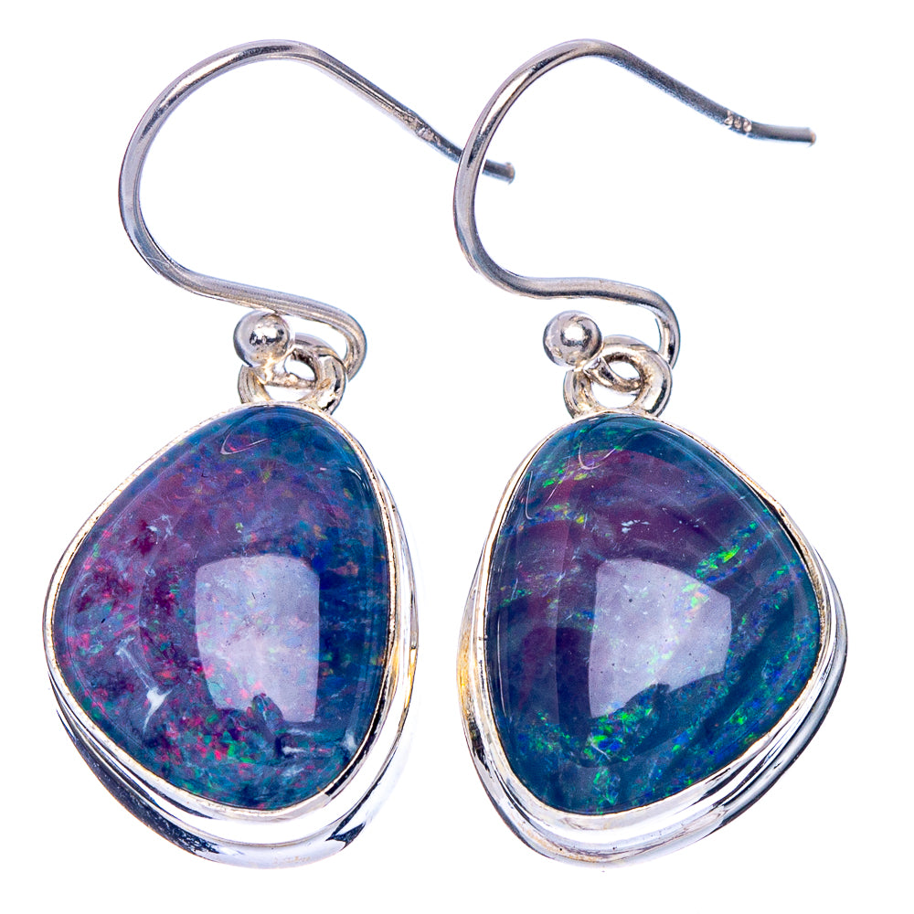 Pair of teardrop opal drop earrings, silver hooks with blue-purple iridescence