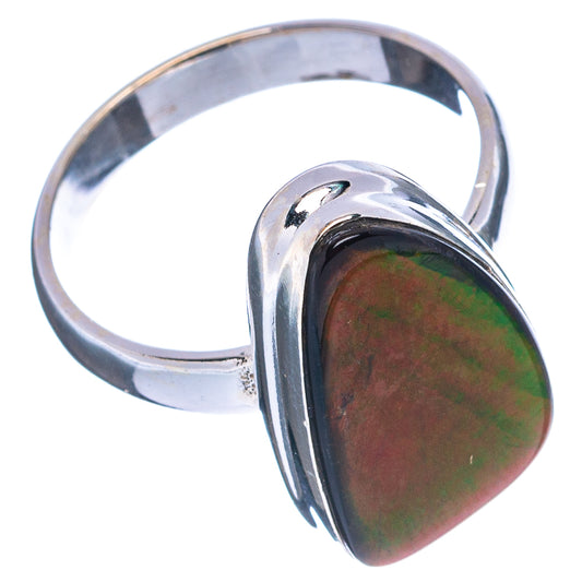 Sterling silver ammolite ring with green iridescent teardrop stone and open band view