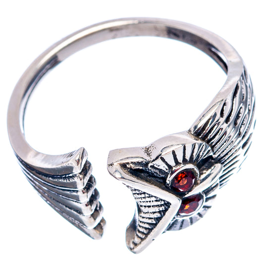 Sterling silver owl ring with red gemstone eyes, textured band, open adjustable design