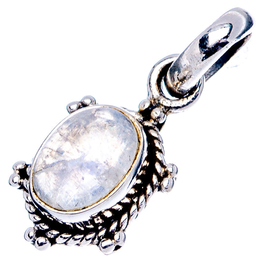 Sterling silver pendant with oval rainbow moonstone cabochon and beaded border, loop top
