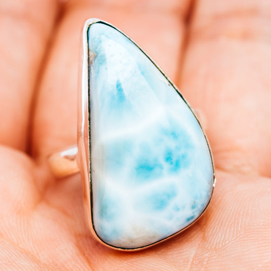 Teardrop Larimar stone ring, light blue cabochon bezel set in .925 sterling silver