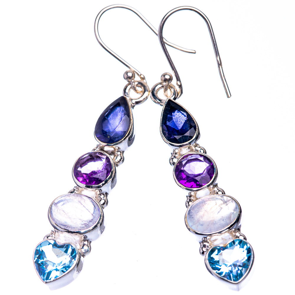 Sterling silver hook earrings with teardrop amethyst, blue topaz, rainbow moonstone drops