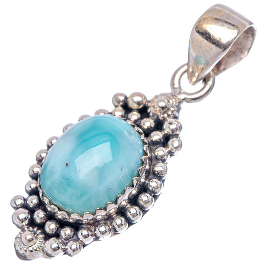 Larimar pendant with oval blue cabochon in ornate beaded .925 sterling silver bezel