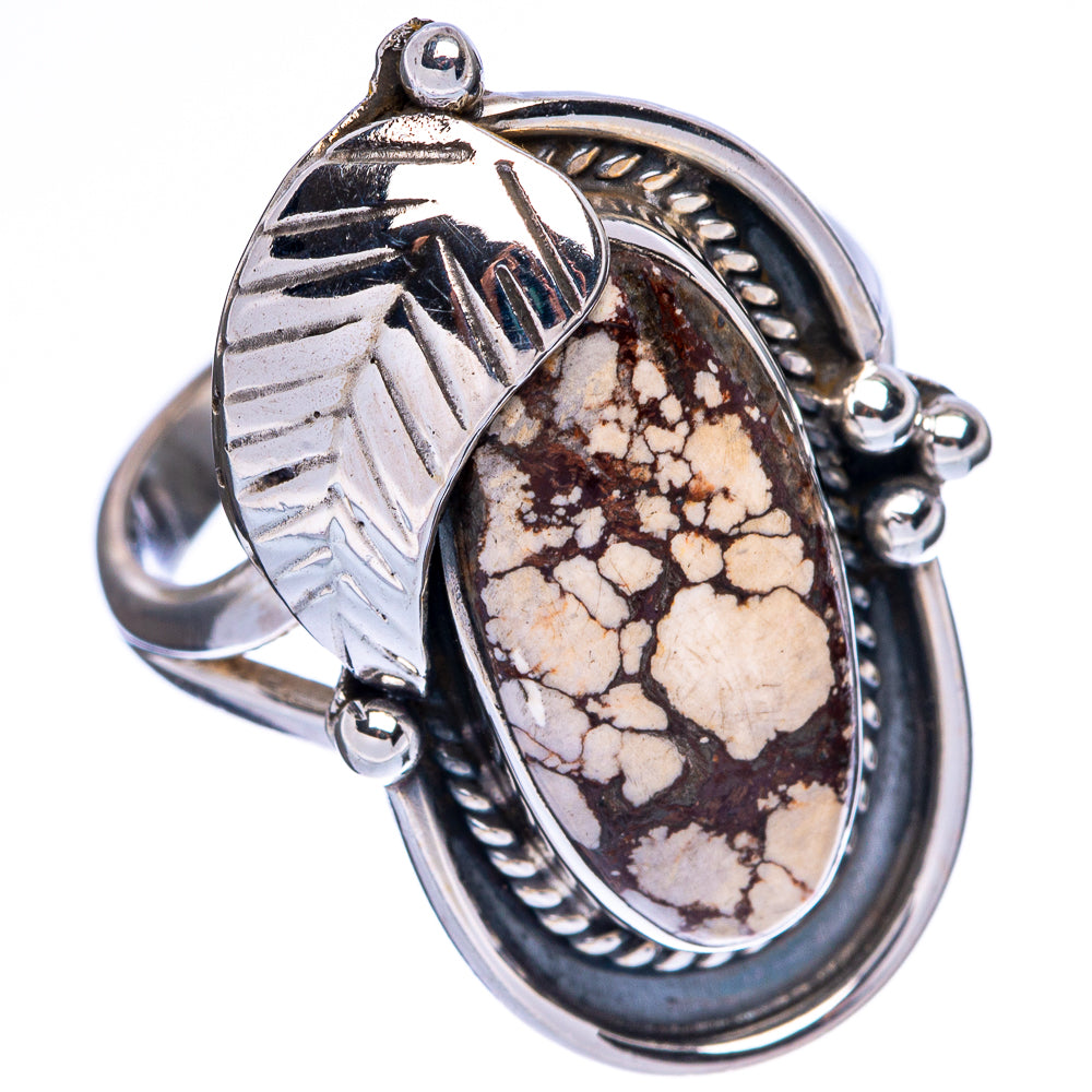 Sterling silver oval gemstone ring with leaf engraving and bezel set wild horse jasper