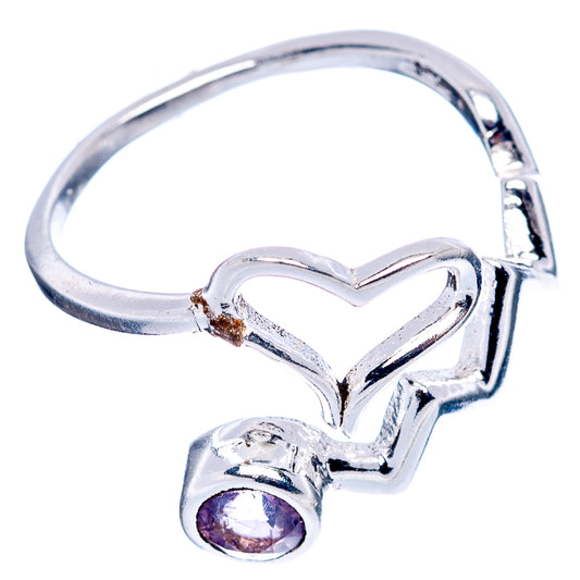 Sterling silver dainty ring featuring heart design and round amethyst purple gem