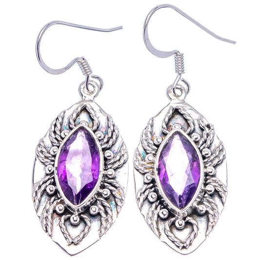 Sterling silver amethyst marquise drop earrings with detailed filigree and hook backs